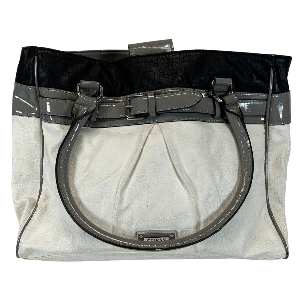 GUESS Y2K White Grey Black Croc Embossed Faux Leather Tote Shoulder Bag Chic